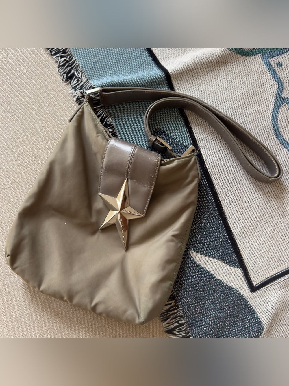 Vintage Mugler Star Logo Nylon Shoulder Bag Y2K Crossbody in dusty green color